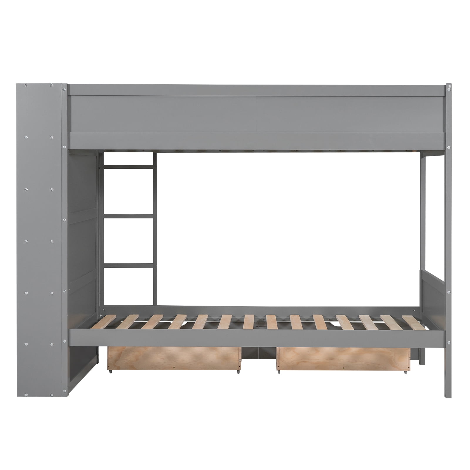 Euroco Pine Wood Twin over Twin Bunk Bed, Storage Bed with Cabinets and Shelves for Kids Teens, Sapce-Saving Design, Gray