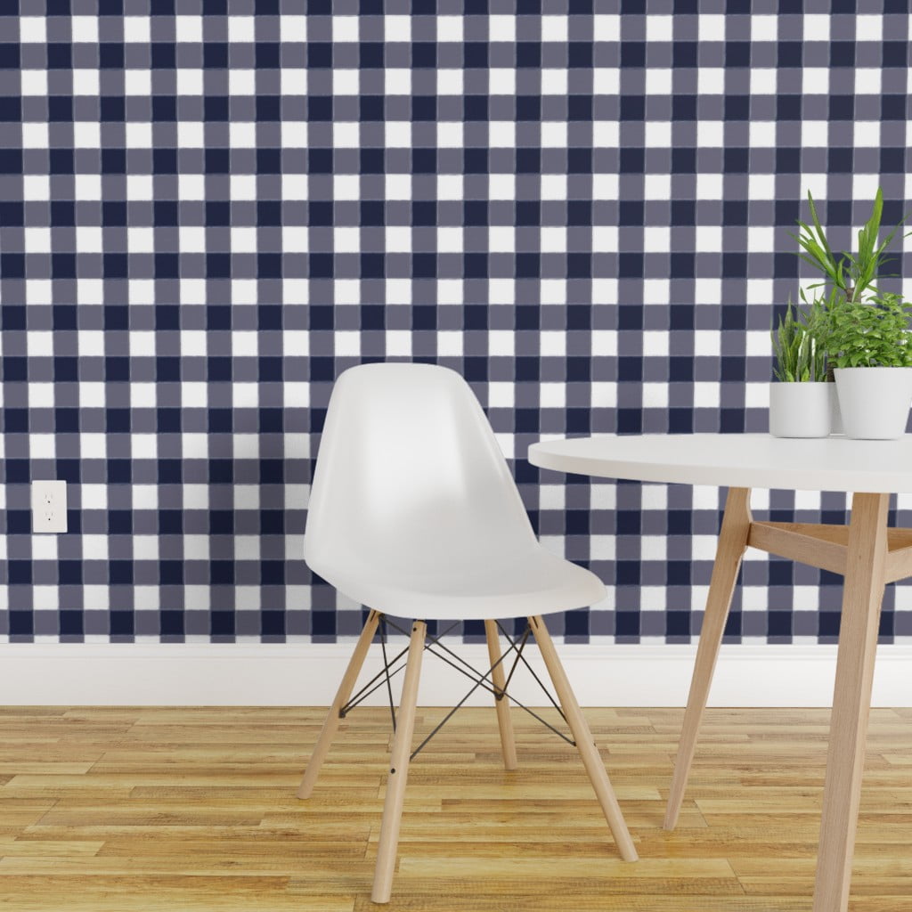 Peel-and-Stick Removable Wallpaper Navy Blue Gingham Plaid Buffalo