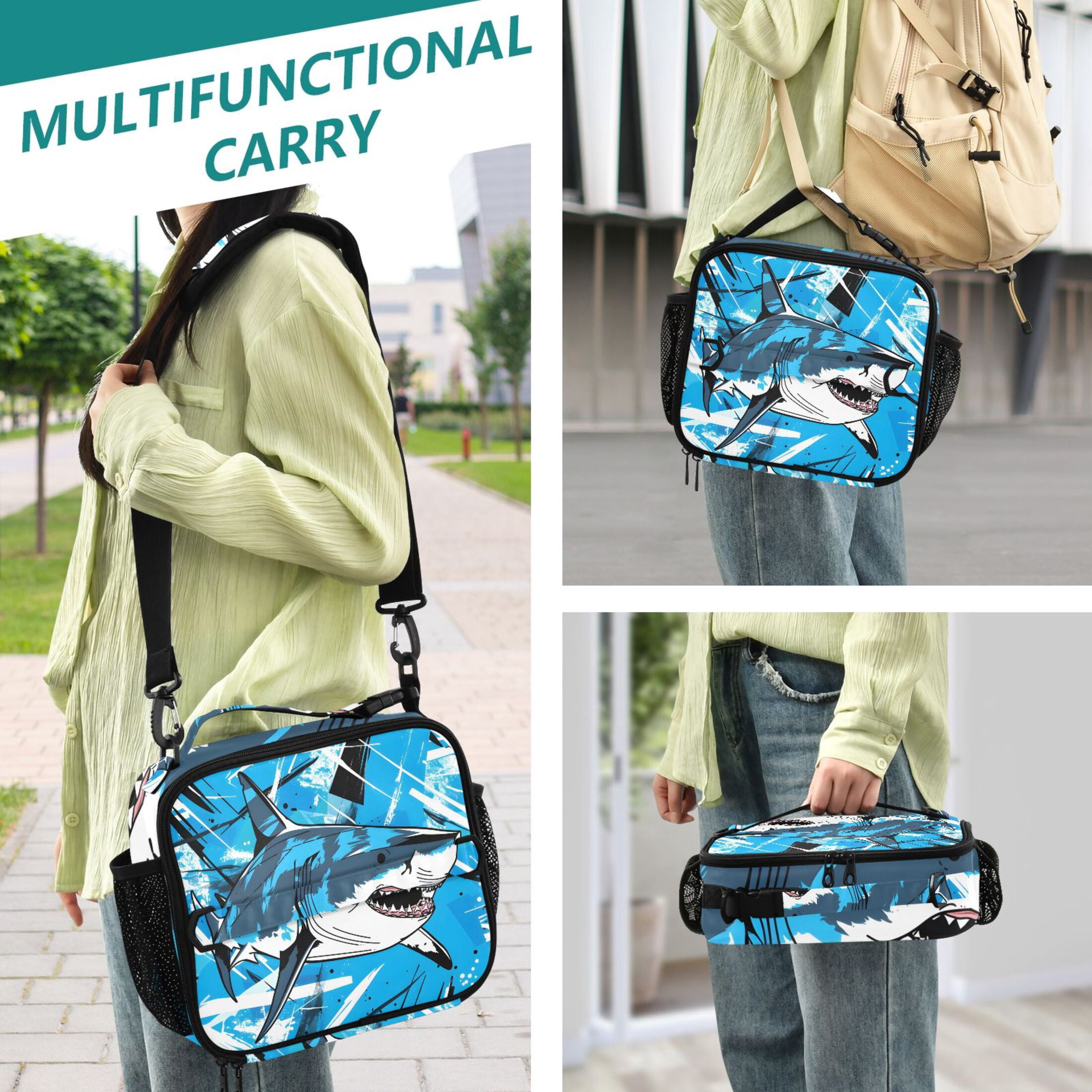 ALAZA Fierce Shark Lunch Box Insulated Lunch Bag Cooler Tote with Shoulder Strap