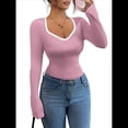 thumbnail image 2 of Camisetas Ajustadas con Cuello en Forma de Corazón para Mujer, Tops de Punto Acanalado con Mangas Largas Acampanadas Rosa L, 2 of 7