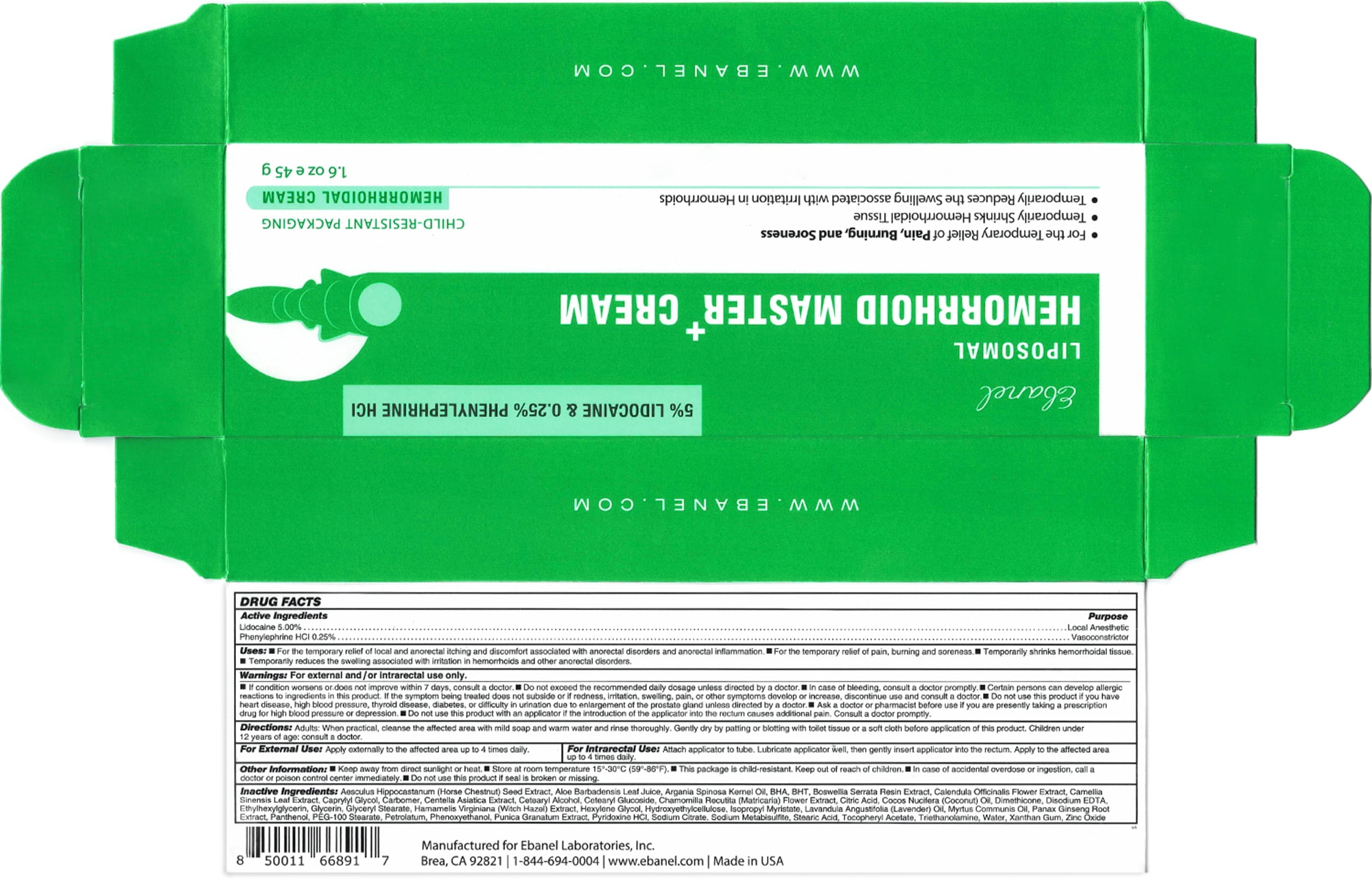 Ebanel 5% Lidocaine Hemorrhoid Treatment Cream with Witch Hazel, Phenylephrine, Horse Chestnut, Vitamin B6, Zinc Oxide, External and Internal Hemorrhoids Treatment Burn Itch Pain Relief Anal Cream