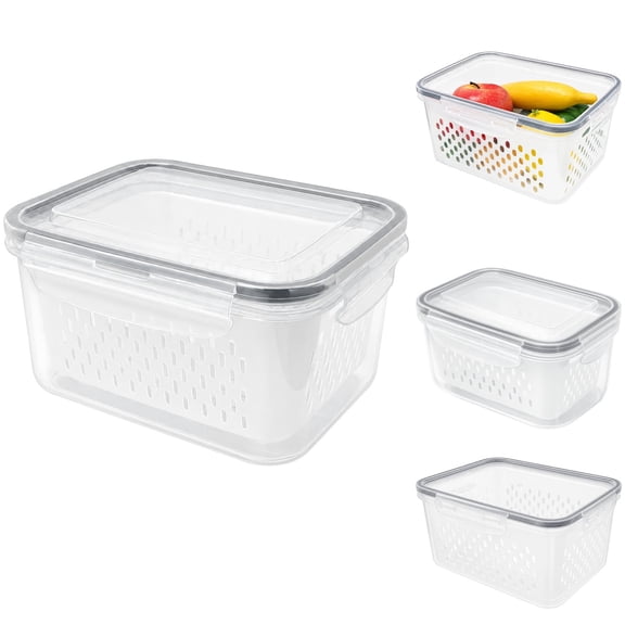 3 Pcs Fruit Storage Containers For Refrigerator, 3 Varying Sizes Fresh Produce Keepers With Lids, Stackable Vegetable Saver With Removable Drains For Kitchen, Picnic, Meal Prep