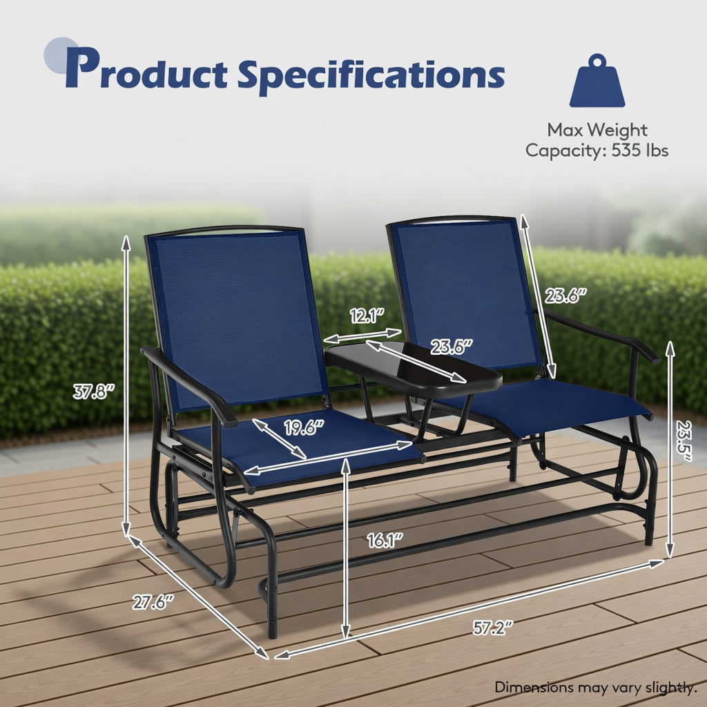 Hommoo 2-Person Outdoor Rocking Loveseat with Tempered Glass Center Table, Steel Frame & Mesh Fabric, Navy