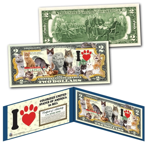 I LOVE CATS Genuine Legal Tender Official U.S. $2 Bill - CATS KITTENS