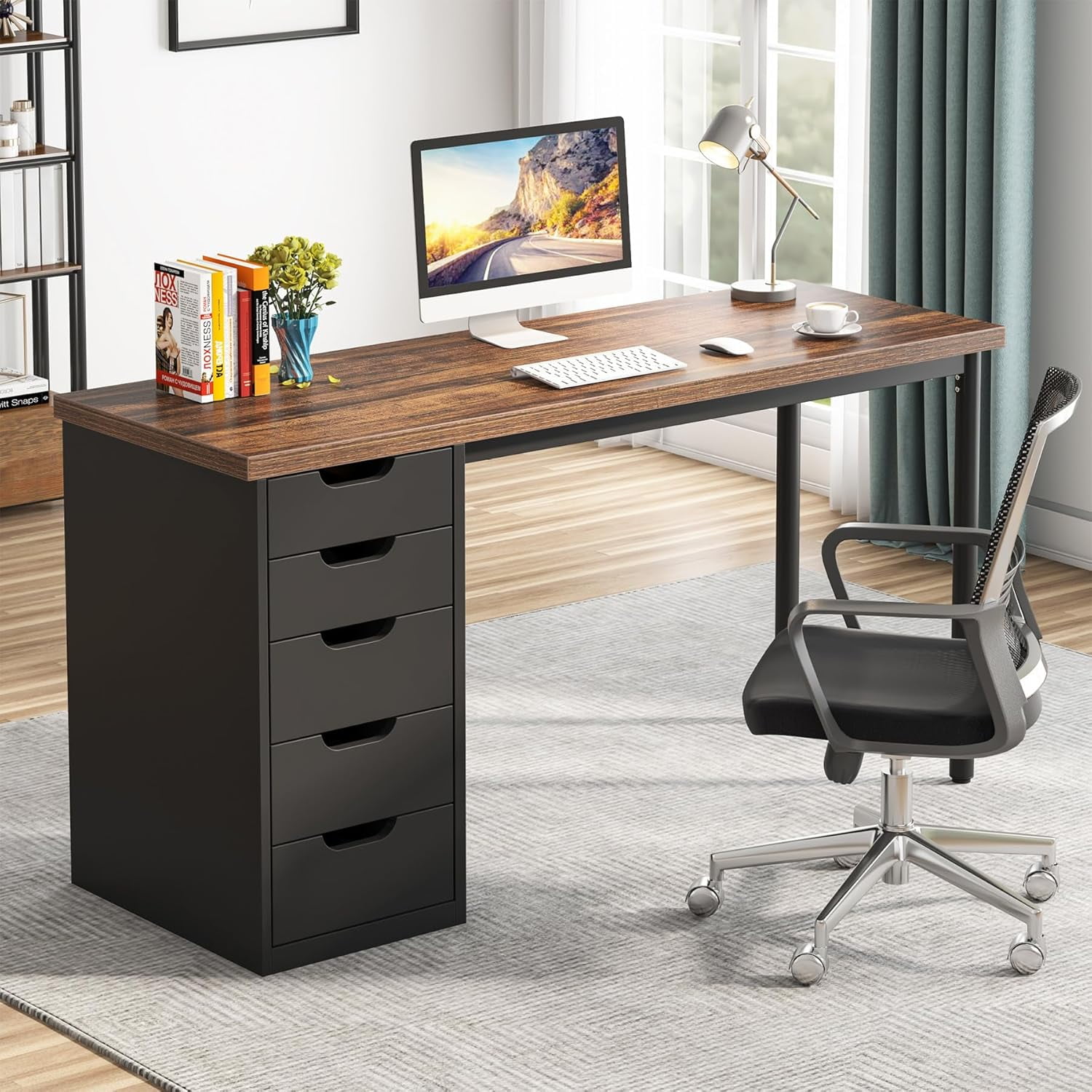 Tribesigns Computer Desk with 5 Drawers, 47 inches Rustic Brown Home Office Desk with Storage, Modern Study Writing Table Workstation for Small Spaces, Brown & Black