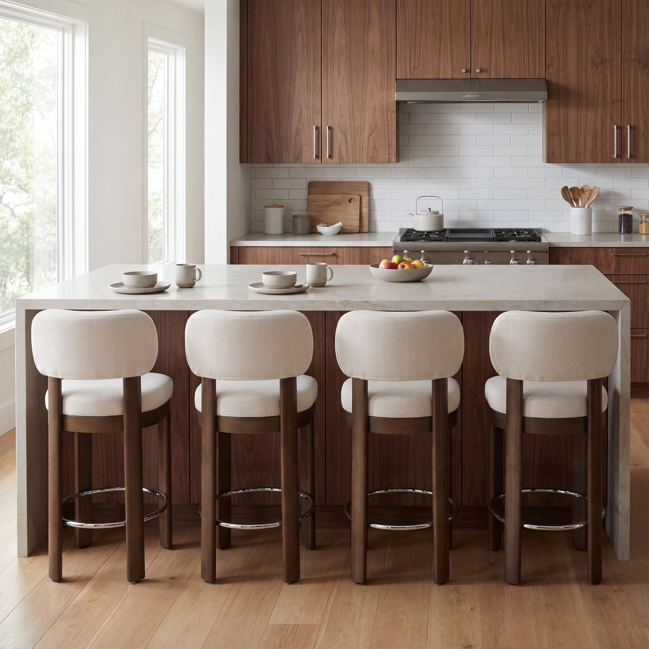 Guyou 26" Bar Stools Set of 6, Modern Linen Upholstered Counter Height Bar Stools, Farmhouse Armless Bar Chairs with Solid Wood Legs & Padded Back for Kitchen Island/Dining Room Bar, Beige
