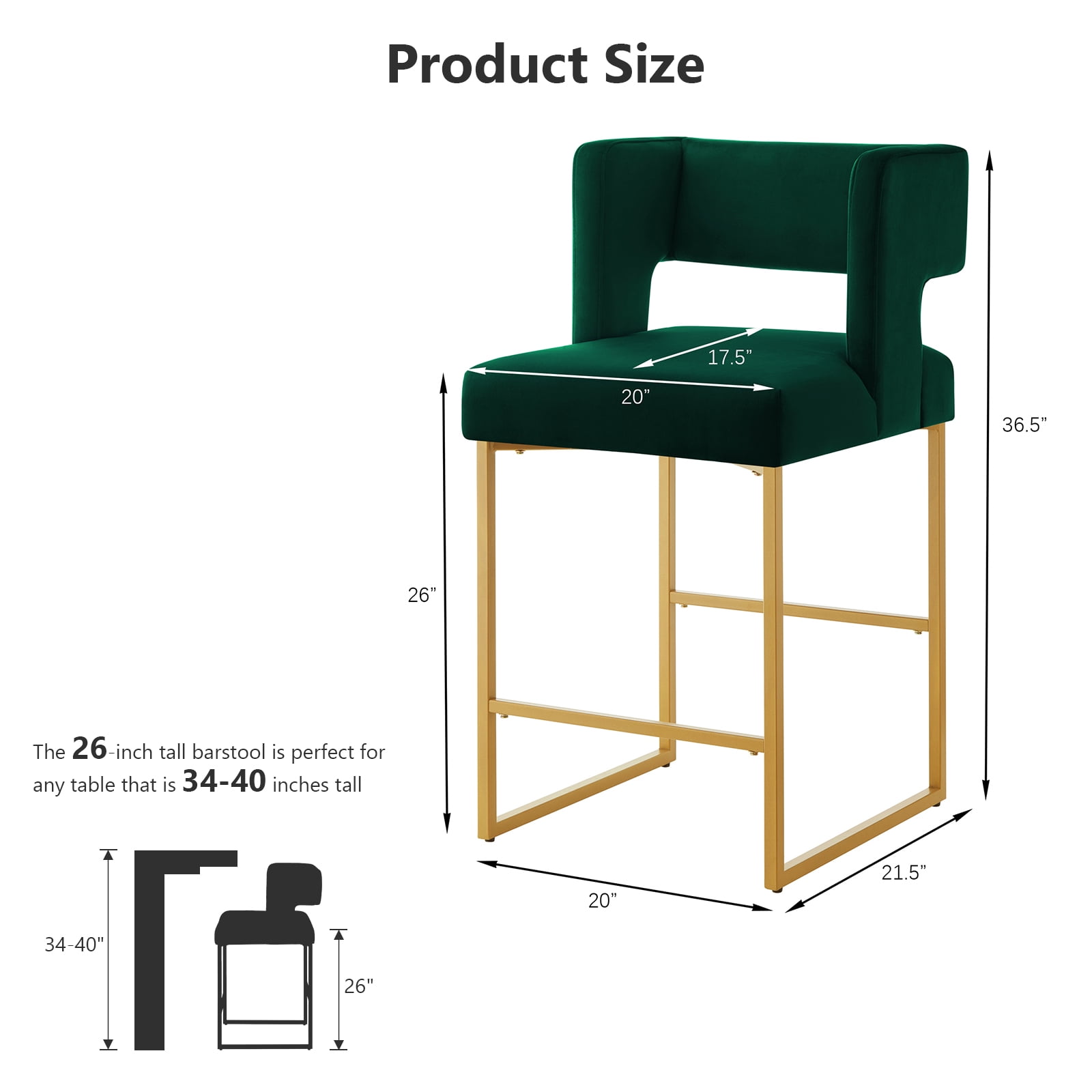 Lecut 26" H Counter Height Bar Stools Set of 2, Modern Velvet Bar Stools with Square Open Backrest and Gold Metal Frame, Kitchen Counter Stools for Island, Home Bar, Pub,Green+Gold