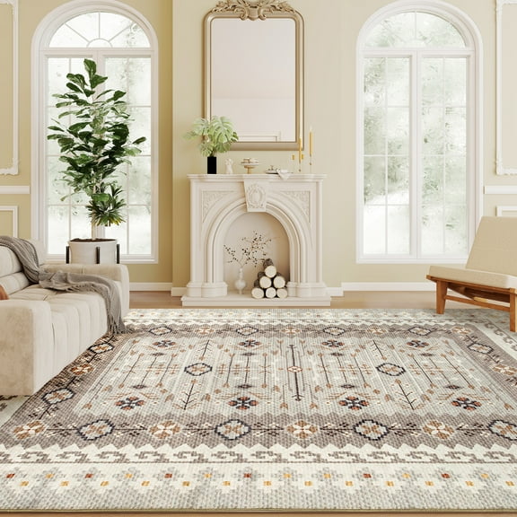 HOMCOM Machine Washable Area Rug 4x6, Non-Slip Boho Flannel Print Floor Cover Foldable Carpet for Living Room, Bedroom, Dining Room, Brown