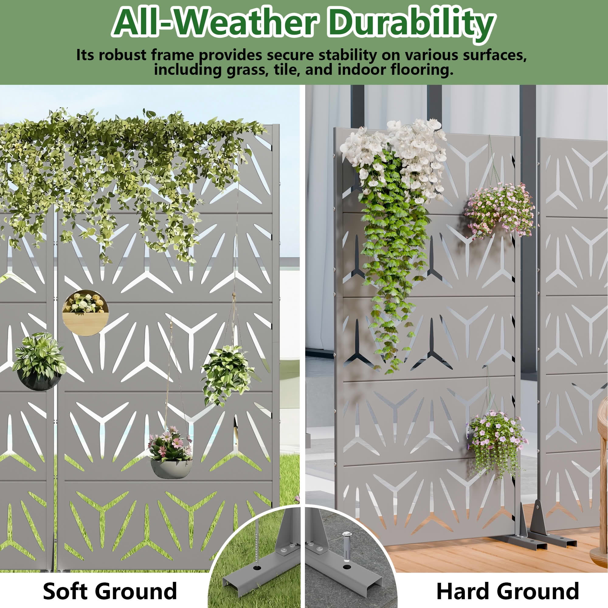 MAYEERTY 2-Piece Outdoor Metal Privacy Screen 5ft Gray, 5-Panel Geometric Y-Pattern Decorative Screen for Garden