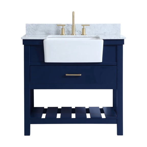 36 inch single bathroom vanity in blue with backsplash