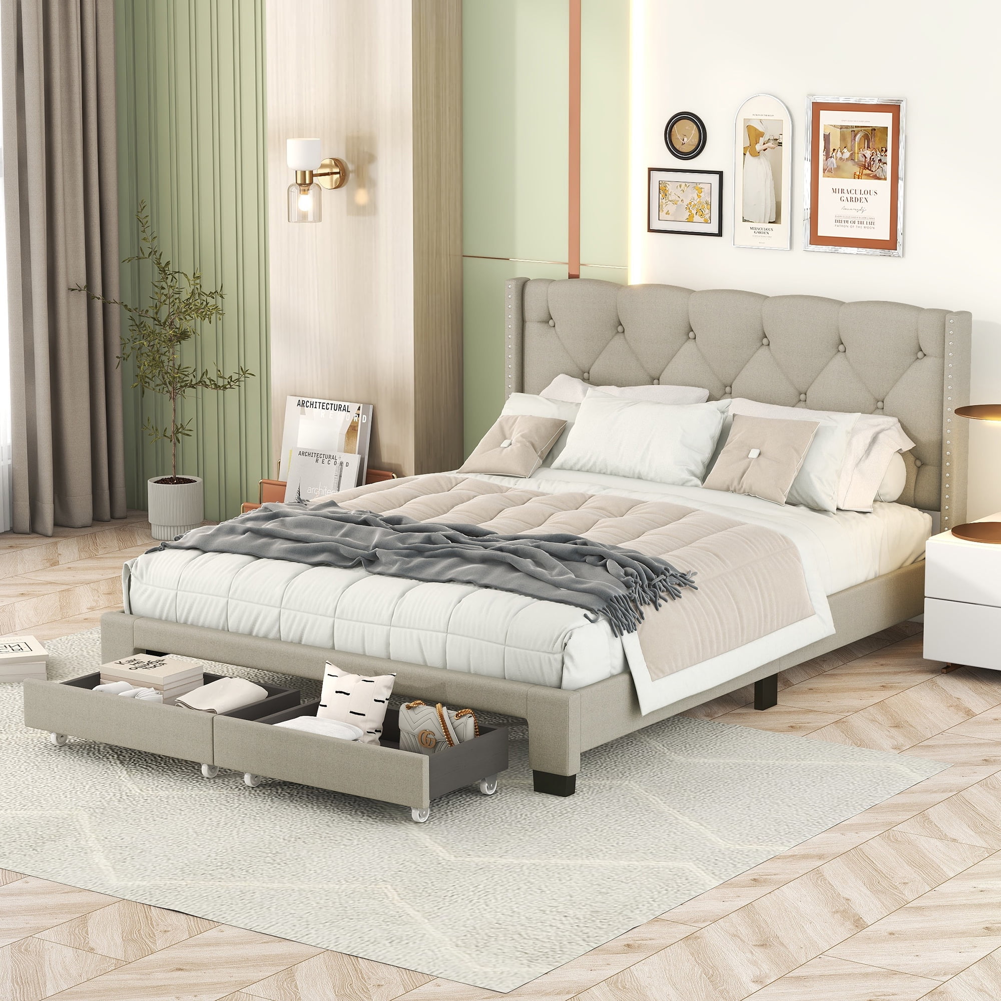Queen Size Bed Frame with Storage Drawers, Upholstered Platform Bed with Headboard Sturdy