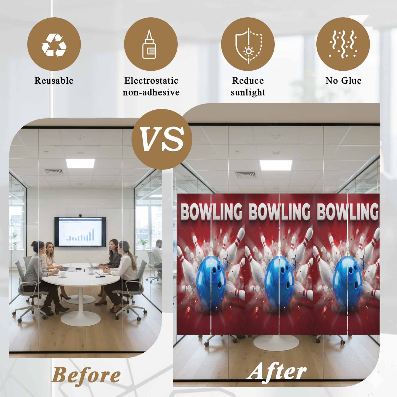 Bowling Window Privacy Film, Vintage Bowling Bottles Ball Red Background Frosted Glass Window Clings Static Cling UV Heat Blocking Reusable Door Sticker for Bathroom 29.5 x 118 Inch