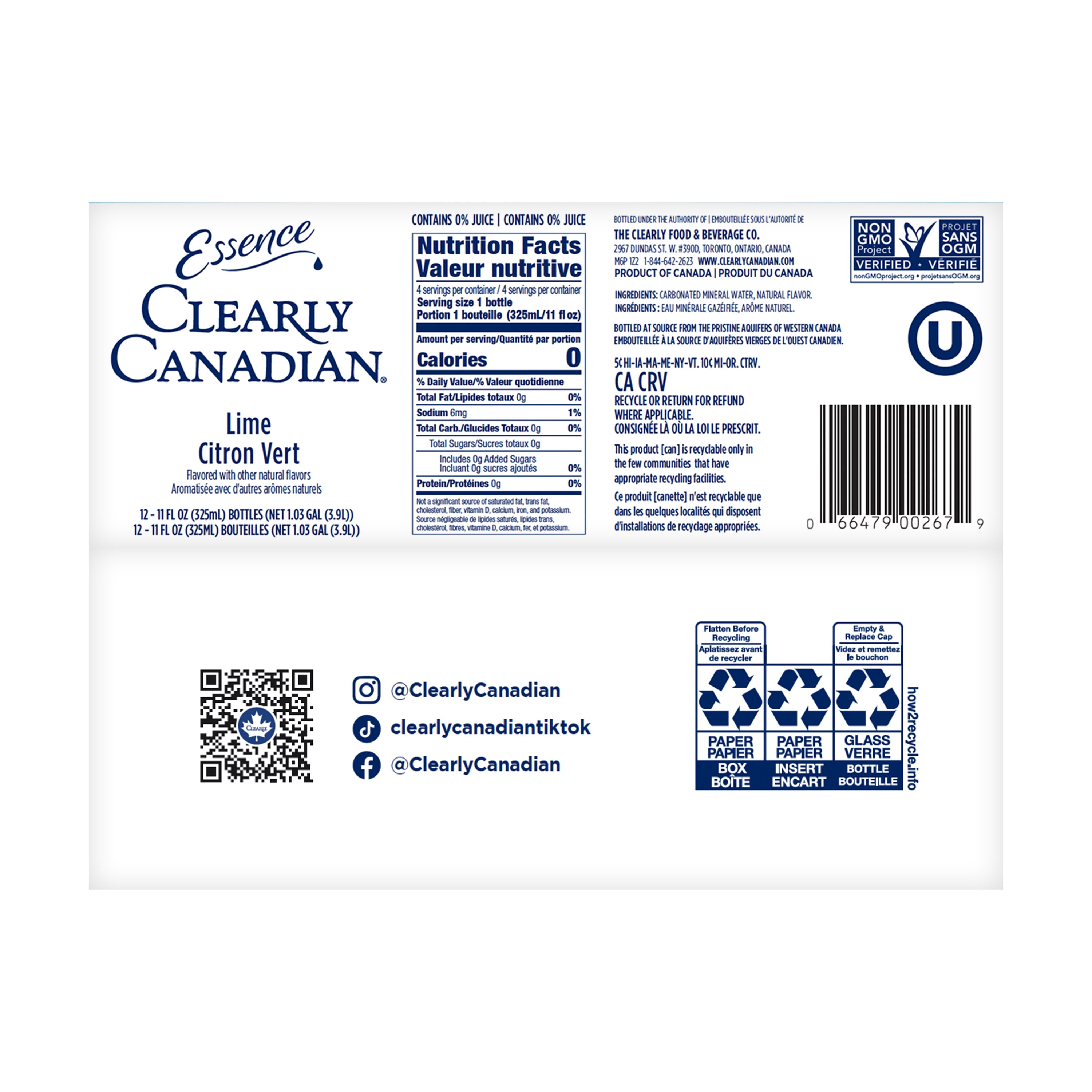 Clearly Canadian Sparkling Mineral Water Lime Essence with No Allergens