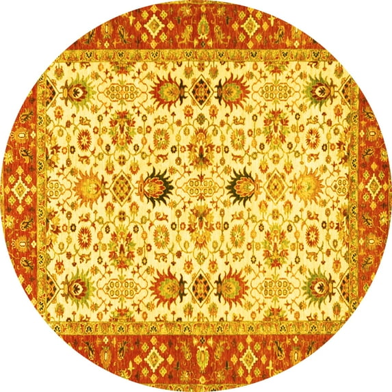 Ahgly Company Machine Washable Indoor Round Oriental Yellow Traditional Area Rugs, 4' Round