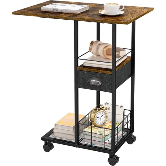 Rolling C-Shaped Side Table with Wheels and Oversized Wood Top, Mobile Overbed Stand with Drawer for Living Room, Bedroom, or Home Office
