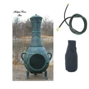 QBC Bundled Blue Rooster Pine Chiminea with Propane Gas Kit, 20 ft Gas Line, and Free Cover Antique Green Color - Plus Free EGuide