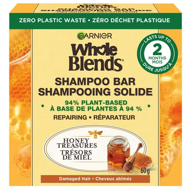 Garnier Whole Blends Shampooing Solide réparateur Trésors de Miel pour cheveux abîmés, Emballage zéro plastique, sans agents de conservation, sans silicone, sans savon ni pigments, avec miel et cire