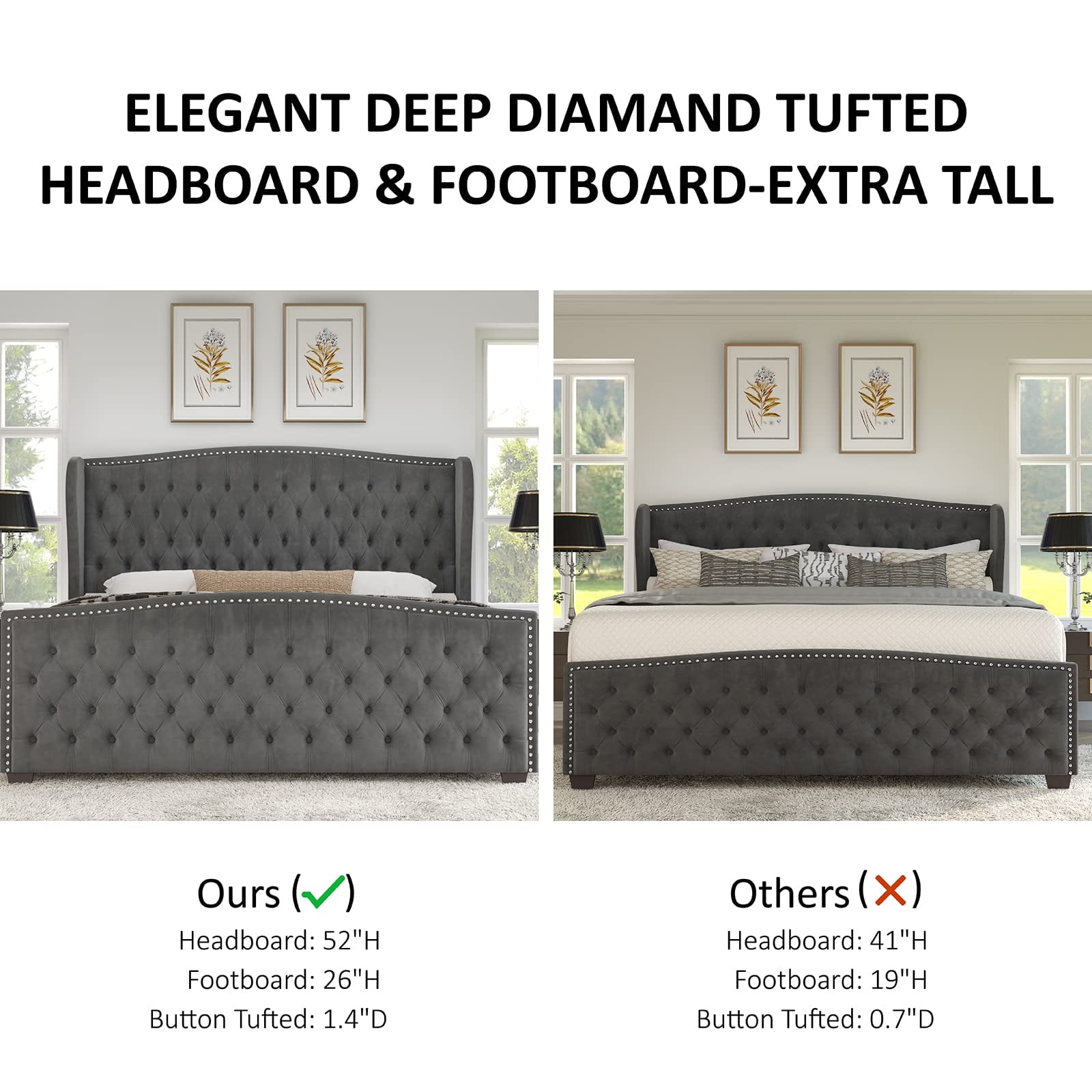 VanAcc California King Size Platform Bed Frame, Velvet Upholstered Bed with Deep Button Tufted & Nailhead Trim Wingback Headboard, Grey