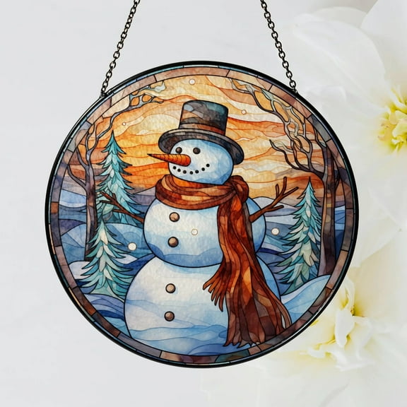 Christmas Snowman Stained Glass Suncatcher, Winter Window Hanging Decor, Holiday Ornament, Christmas Gift, Handmade Winter Sun Catcher Decor