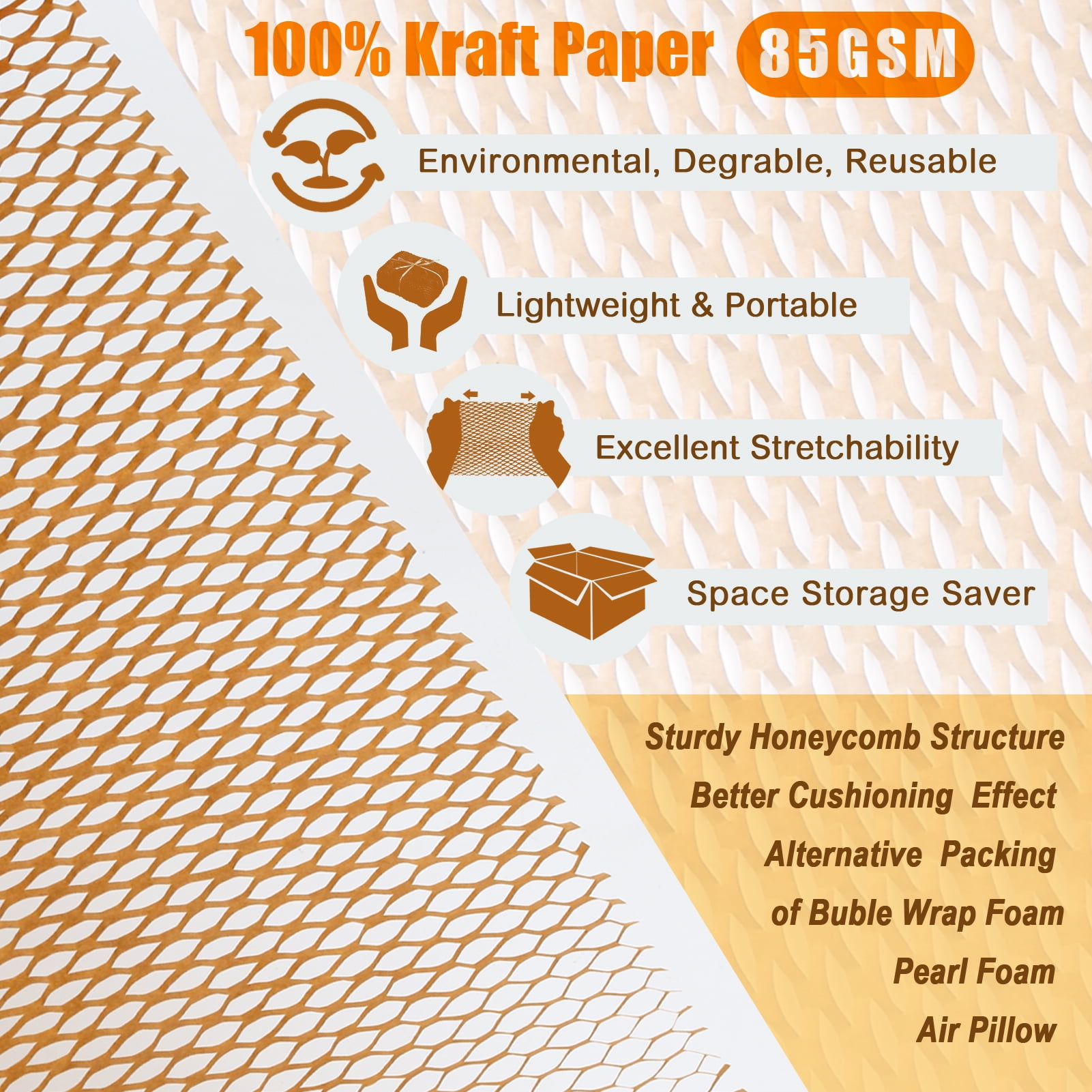 Aovky Honeycomb Packing Paper, 204' x 15" Cushion Packing Paper for Moving Shipping Packaging Breakables, Substitute Alternative for Bubble Cushioning Wrap Roll Kraft with 20 Fragile Stickers