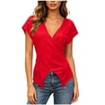 thumbnail image 2 of Mifsaly Womens Wrap Blouse Cross Front Short Sleeve V Neck T Shirts Slim Fit Ruched Pleated Casual Blouses Flattering Summer Going Out Tops Red,S, 2 of 9