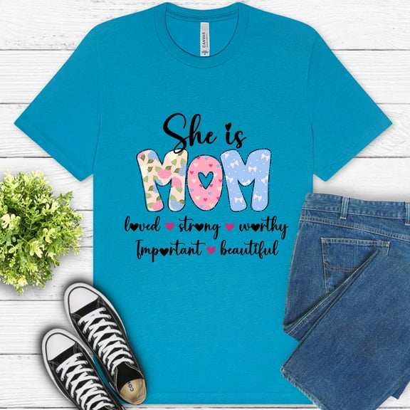 Women's Graphic Premium T-Shirt She is MOM with Positive Words and Pastel Design, Aqua, S