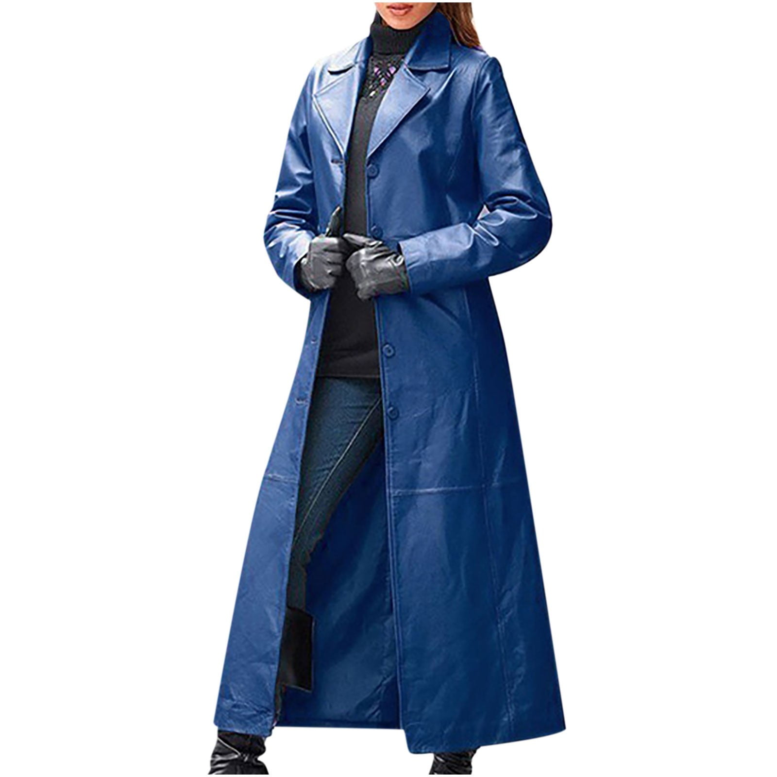 BLTIBY Womens Long Leather Jacket Fall Winter Single Breasted Button Down Faux Leather Trench Coat Long Motorcycle Outwear Navy XXL
