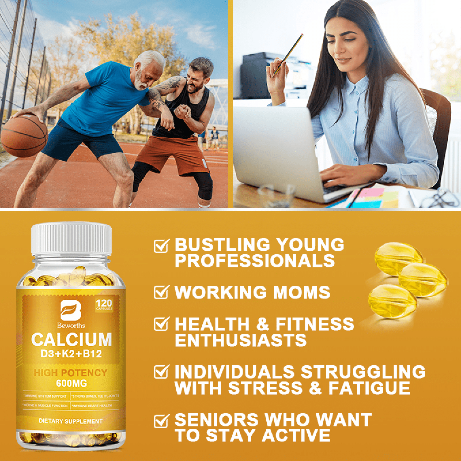 (2 Pack)Calcium D3 + K2 + B12 Supplement, Supoort Bone & Immune Health,120 Capsules