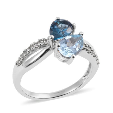 Topaz Zircon Ring - Sterling Silver Platinum Plated Blue Topaz White Zircon Split Band Promise Women Ring 1.5 Cttw Size 6.75