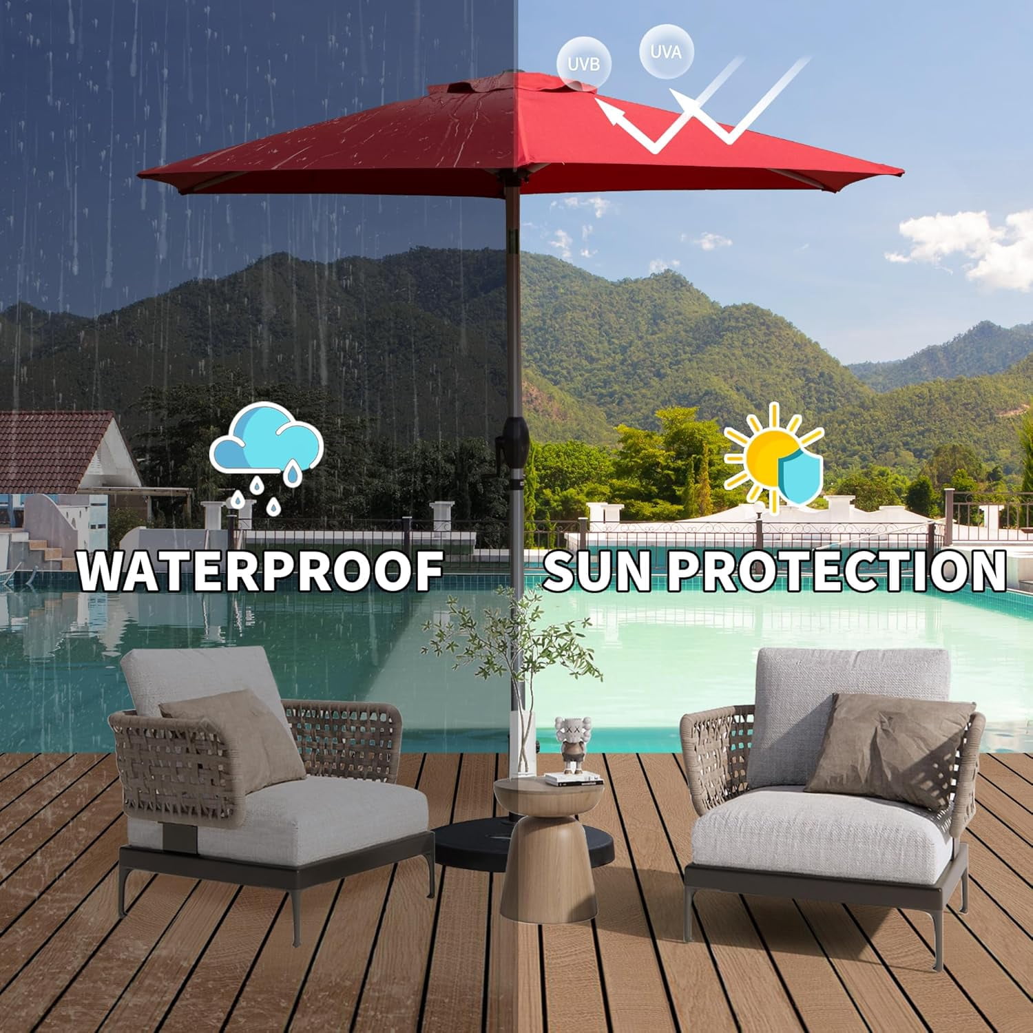 Domi Outdoor Living Dia.7.5FT Patio Umbrella with Push Button Tilt and Crank, UV Protection Waterproof Market Sun Umbrella for Garden, Deck, Backyard, Pool ，Brick Red