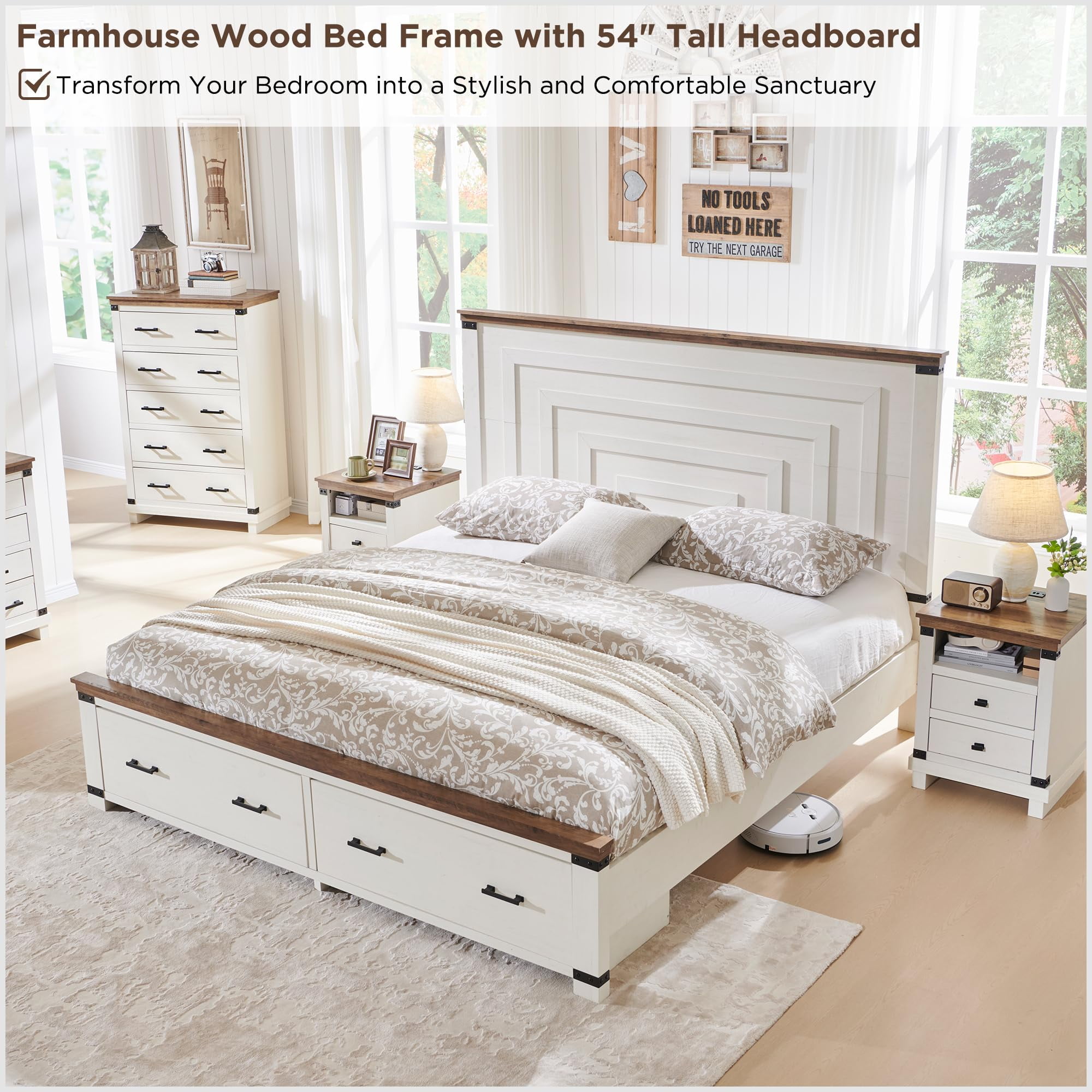 OKD Queen Size Bed Frame W/ 54" Tall Geometric Headboard, Farmhouse Wood Platform Bed W/ 2 Large Storage Drawers, No Box Spring Needed, Antique White