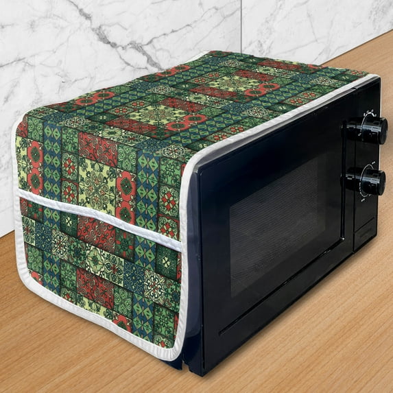 Ethnic Microwave Oven Cover, Portuguese Azulejo Ceramic Tiles Talavera Style Traditional European Culture Motifs, Water Resistant Organizer with Pockets Kitchen, 36" x 12", Multicolor, by Ambesonne
