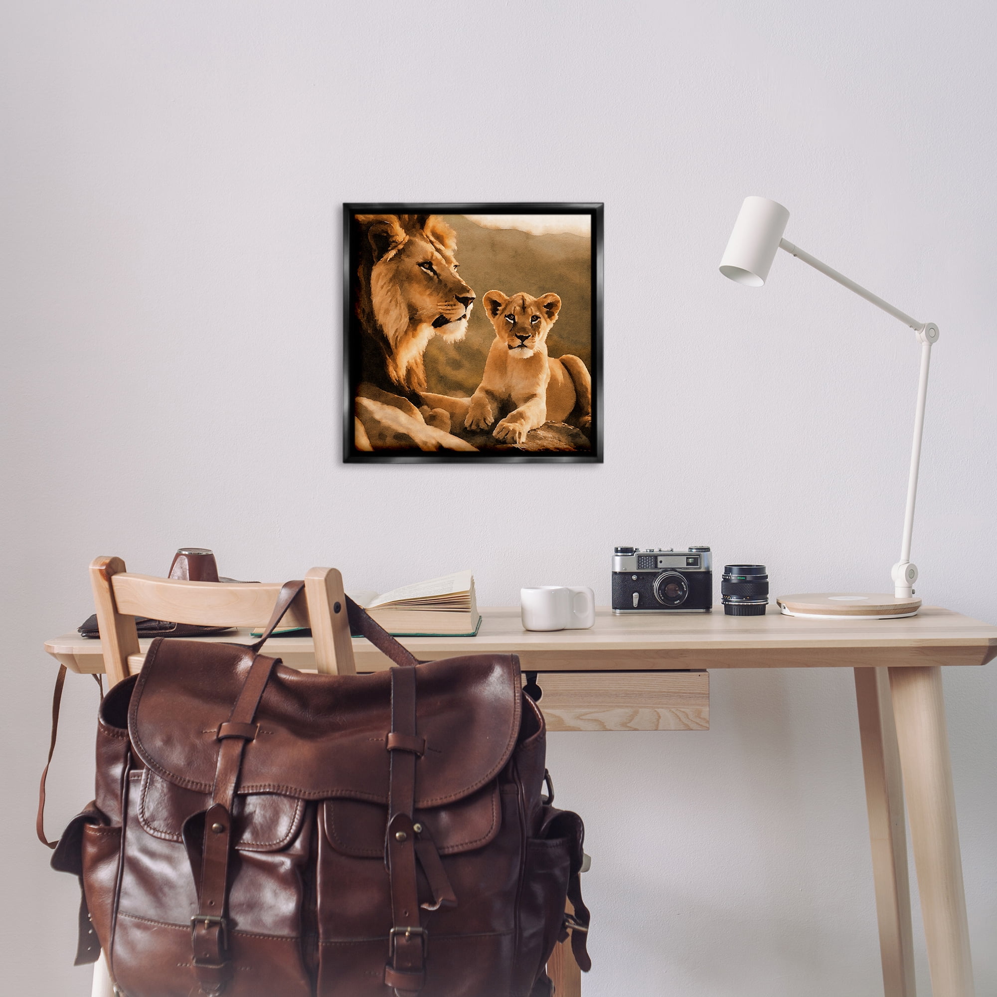 Stupell Industries Lion & Cub Portrait Animals Painting Black Floater Framed Canvas Art Print Wall Art, 25 x 25