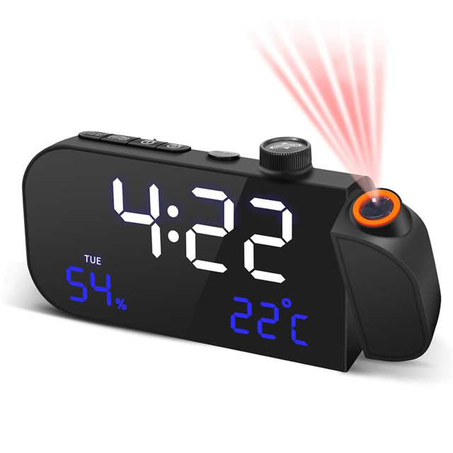 Projection Alarm Clock with FM Radio for Bedroom, 270° Rotatable Digital Clock, 7inch Large LED Display, Dual Alarms