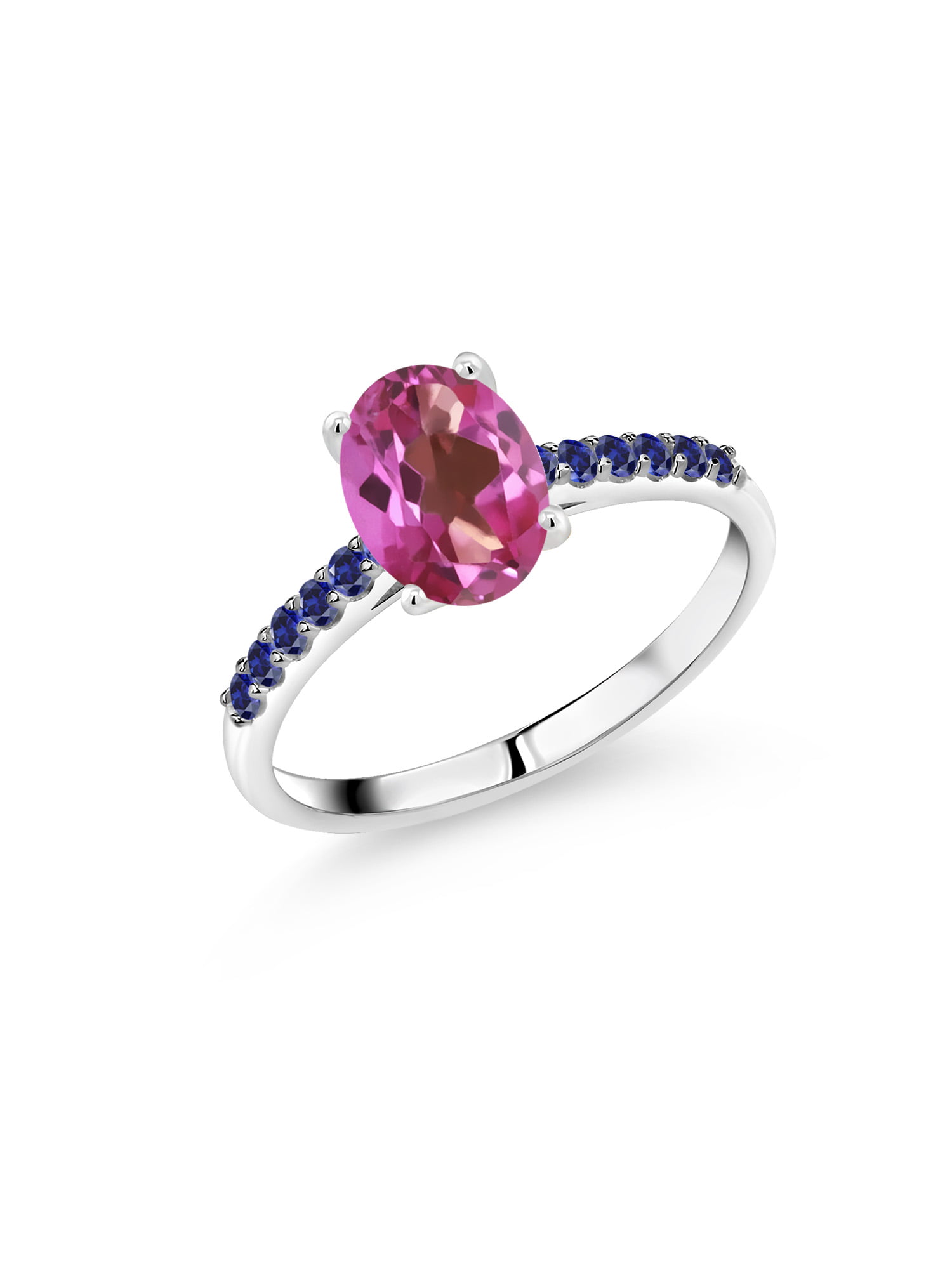 Gem Stone King 1.54 Ct Oval Pink Mystic Topaz Blue Created Sapphire 10K  White Gold Ring