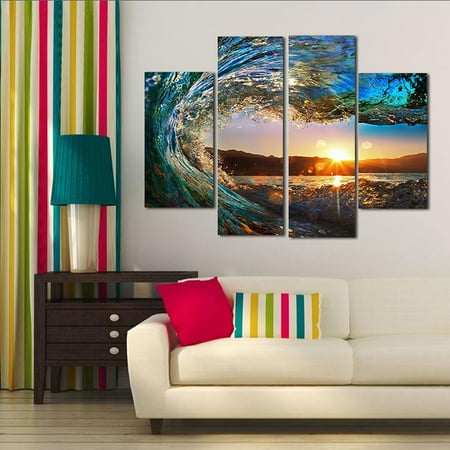 - 4 Panel Sea Wave Sunset Seascape Unframed Oil Painting for Modern Home Decor Wall Art