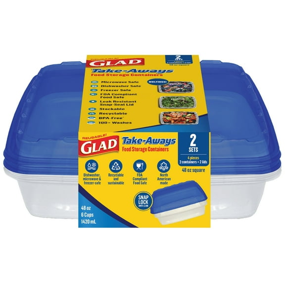 Glad Take-Aways Square Food Storage Containers, 2 pk - 48 oz