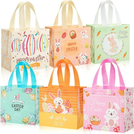 Mr. Pen- Easter Gift Bags with Handles, 8.1"x7.8"x5.8", 6 pcs Bunny Carrot Chick Design, Reusable Non-Woven Easter Bags with Handles