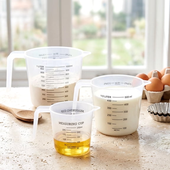 3 Piece Clear Measuring Cup Set with Spout and Handle, 8.45oz/16.9oz/33.8oz Plastic Measuring Cups for Liquid, Measuring Pitcher for Cooking, Baking, Milk, Water, Oil, Easy-to-Read Scale