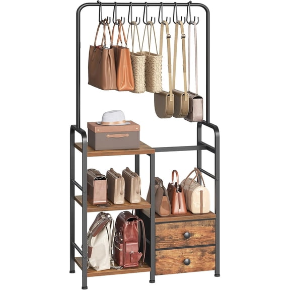 3-Tier Tall Purse Organizer with Hooks and Drawers, Floor-Standing Purse Rack Stand for Handbag Organizer