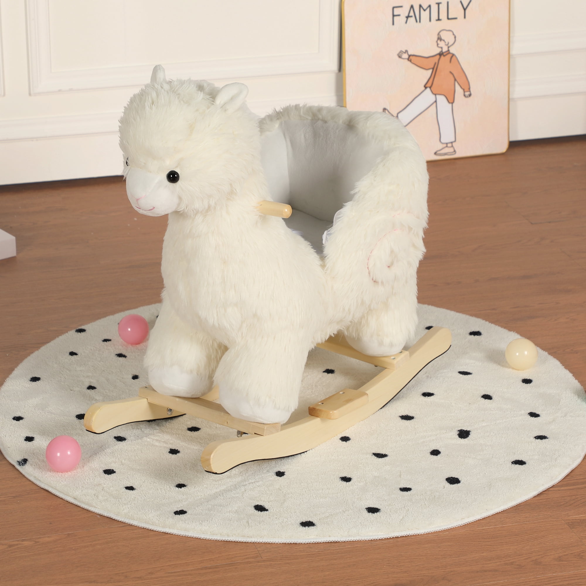 Alvantor Kids Rocking Horse, Plush Ride-On Toy with Music & Wooden Base, Alpaca Toddler Rocker for 1-5 Years White
