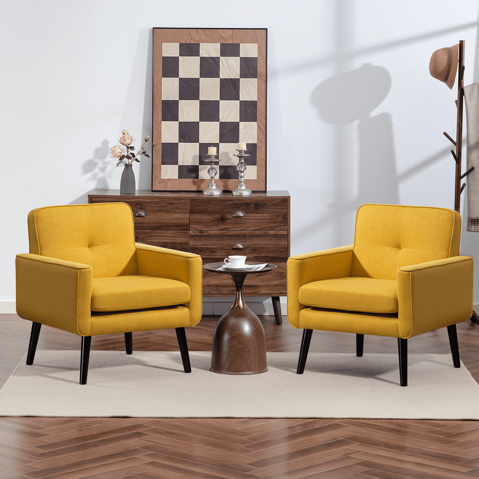 Mid-Century Modern Accent Chairs Set of 2 Upholstered Fabric Armchairs with Button Tufted Back and Solid Wood Legs, Cozy Side Chairs for Living Room, Bedroom, Office, or Cafe (Yellow)