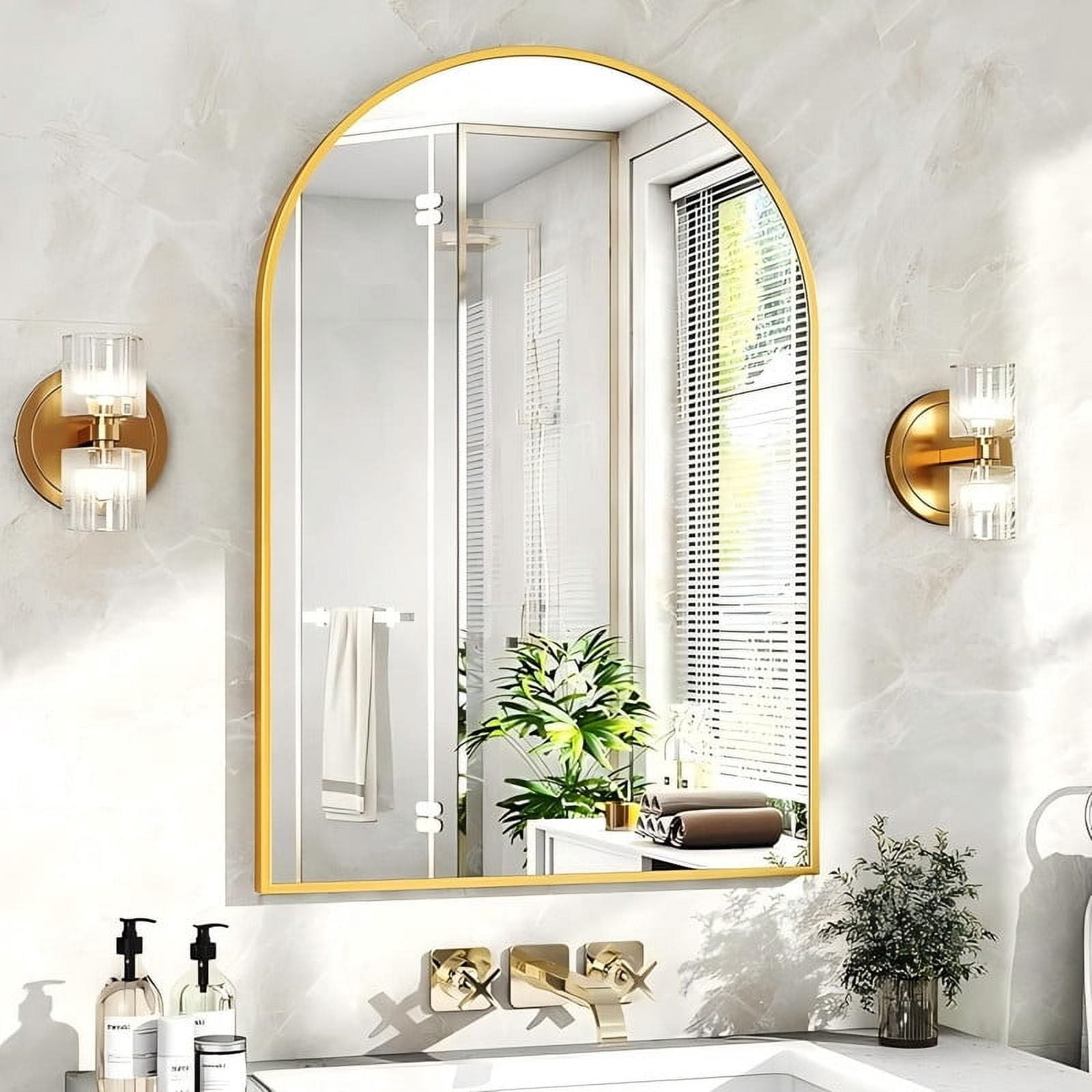 Lumora 38.5" x 26" Arched Bathroom Mirror Wall Mirror Leaning or Wall Mounted, Gold