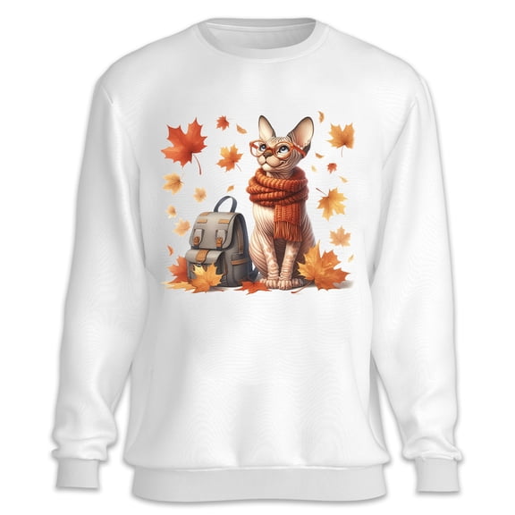 Welcome Fall Sphynx Enjoys School Time Autumn Fall Leaves Sweatshirt Unisex Merch Cat Lover Kitten Owner Gifts Idea - 02013