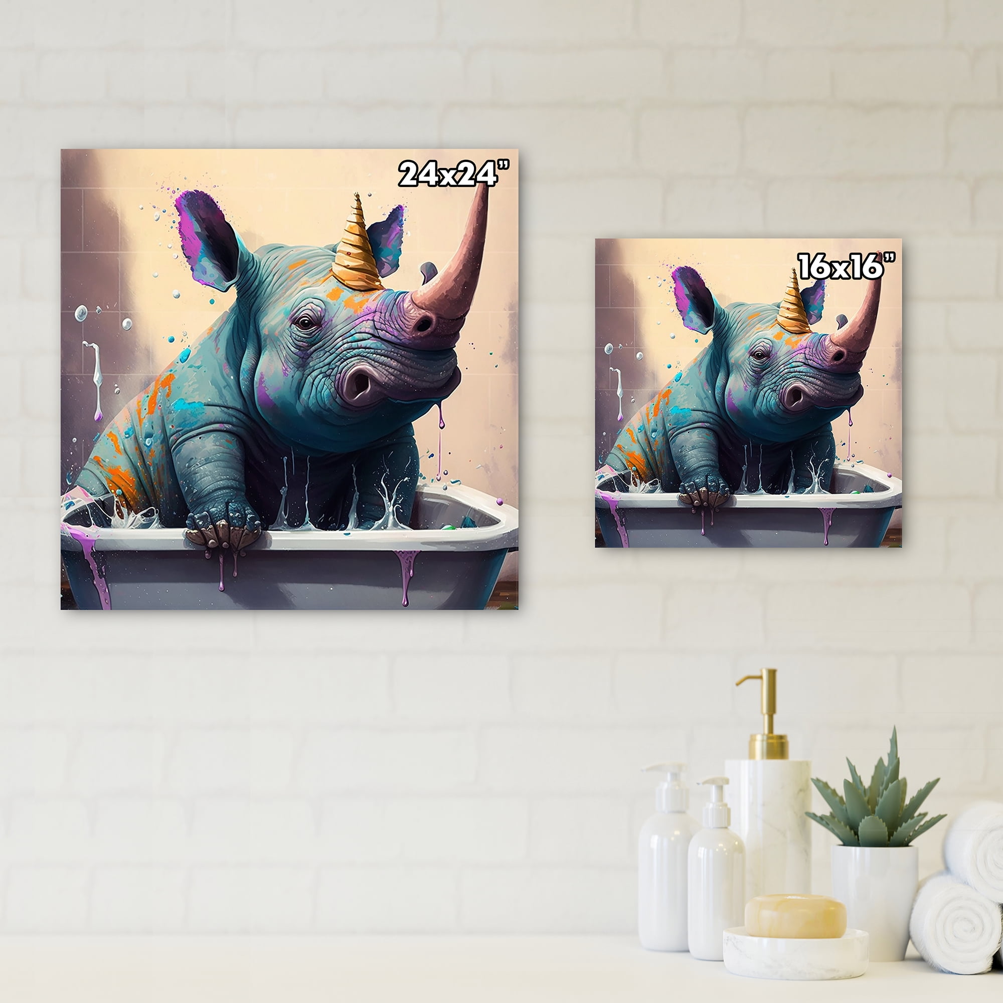 Designart Silly Rhino Enjoying Bath Time II Canvas Wall Art