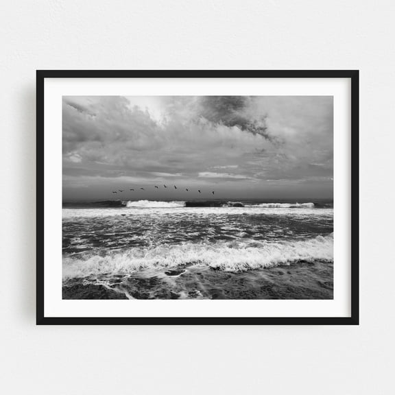 Wings Over the Waves 01 - Ocean City Maryland Photography Black and White Seascape Ocean Coast Waves Beach Bird Black Framed Wall Art Print 5 x 7 inches
