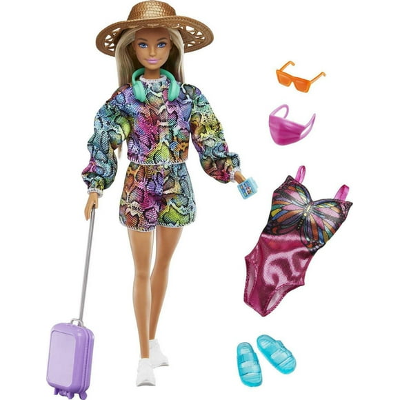 Barbie Holiday Fun Doll (12 inches), Blonde Highlighted Hair, Travel Tote & Hat, Swimsuit & Summer Accessories, Ages 3+