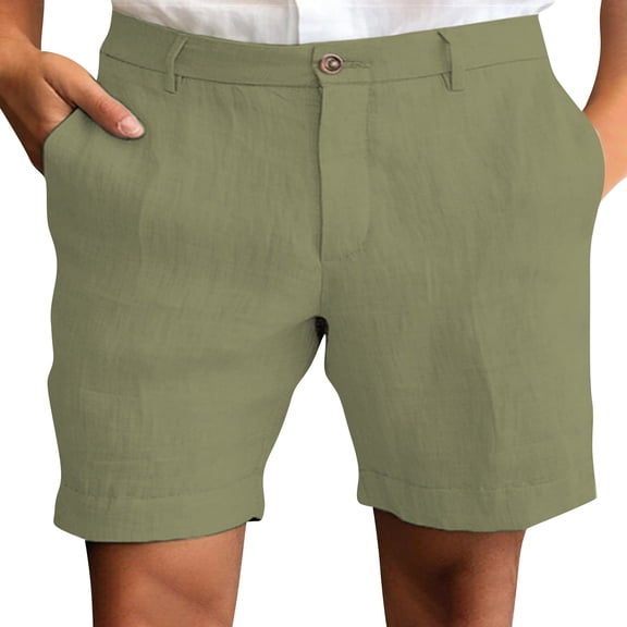 Hogleaql Men's Cotton Linen Shorts 7.5" Casual Pleated Summer Vacation Beach Elastic Waist Shorts with Pockets Army Green 2XL
