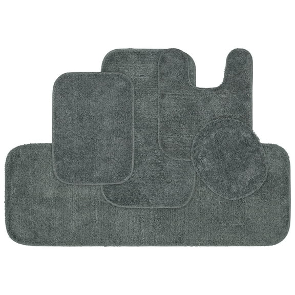 Garland Rug Traditional Washable Bath Rug Set, 5 Piece Set (2 Bath Rugs, Contour, Lid, & Runner) Dark Gray