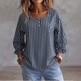 thumbnail image 3 of Uootdi Cute Summer Tops Square Neck 3/4 Bubble Sleeve Half Henley Placket Vertical Stripe Print Soft Woven Womens Shirts Loose Fit Airy Comfortable Womens Tees, 3 of 8